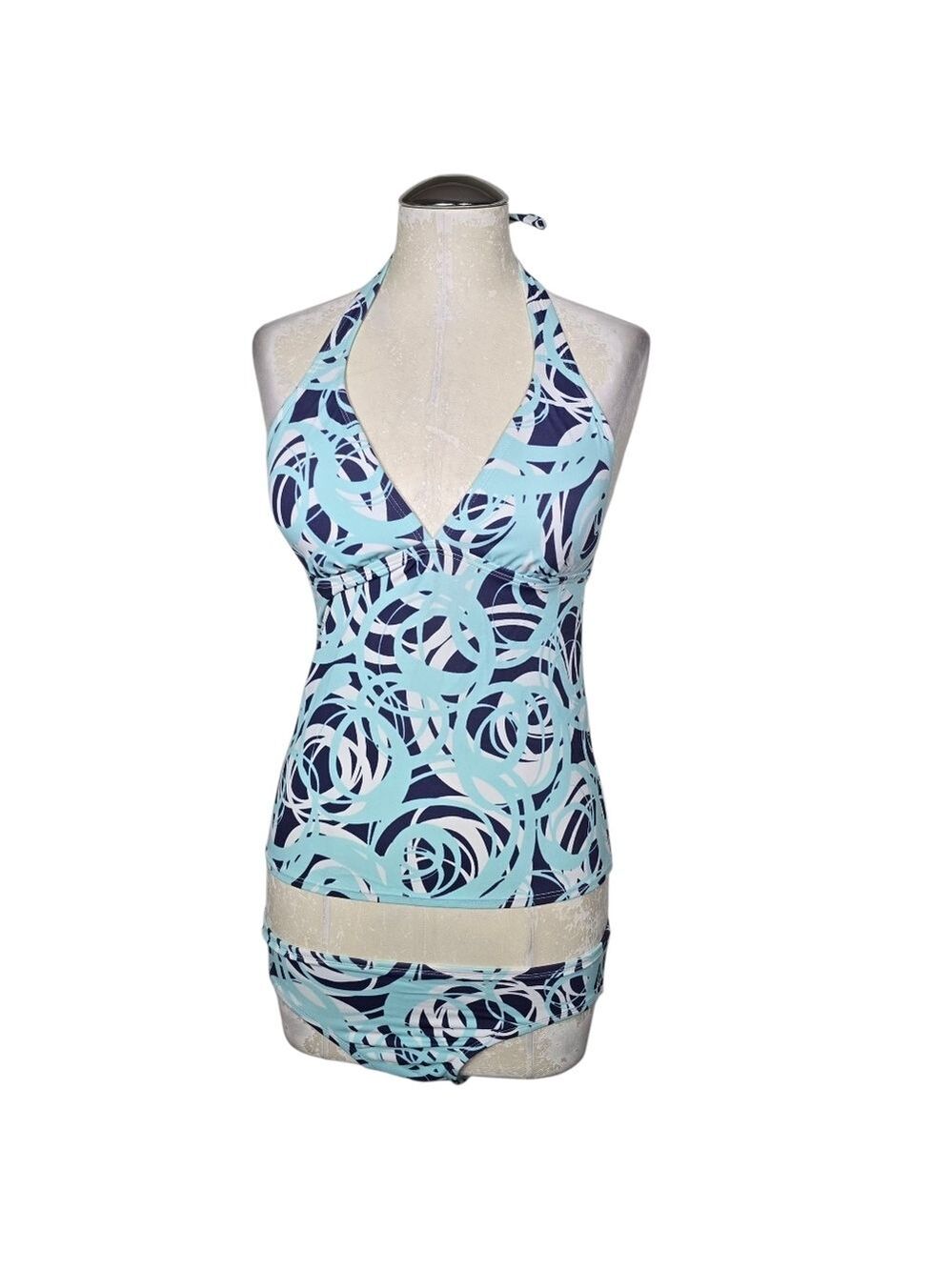 Perry Ellis Blue White Twirl Print Tankini & Bottom Swimwear Matching Set S